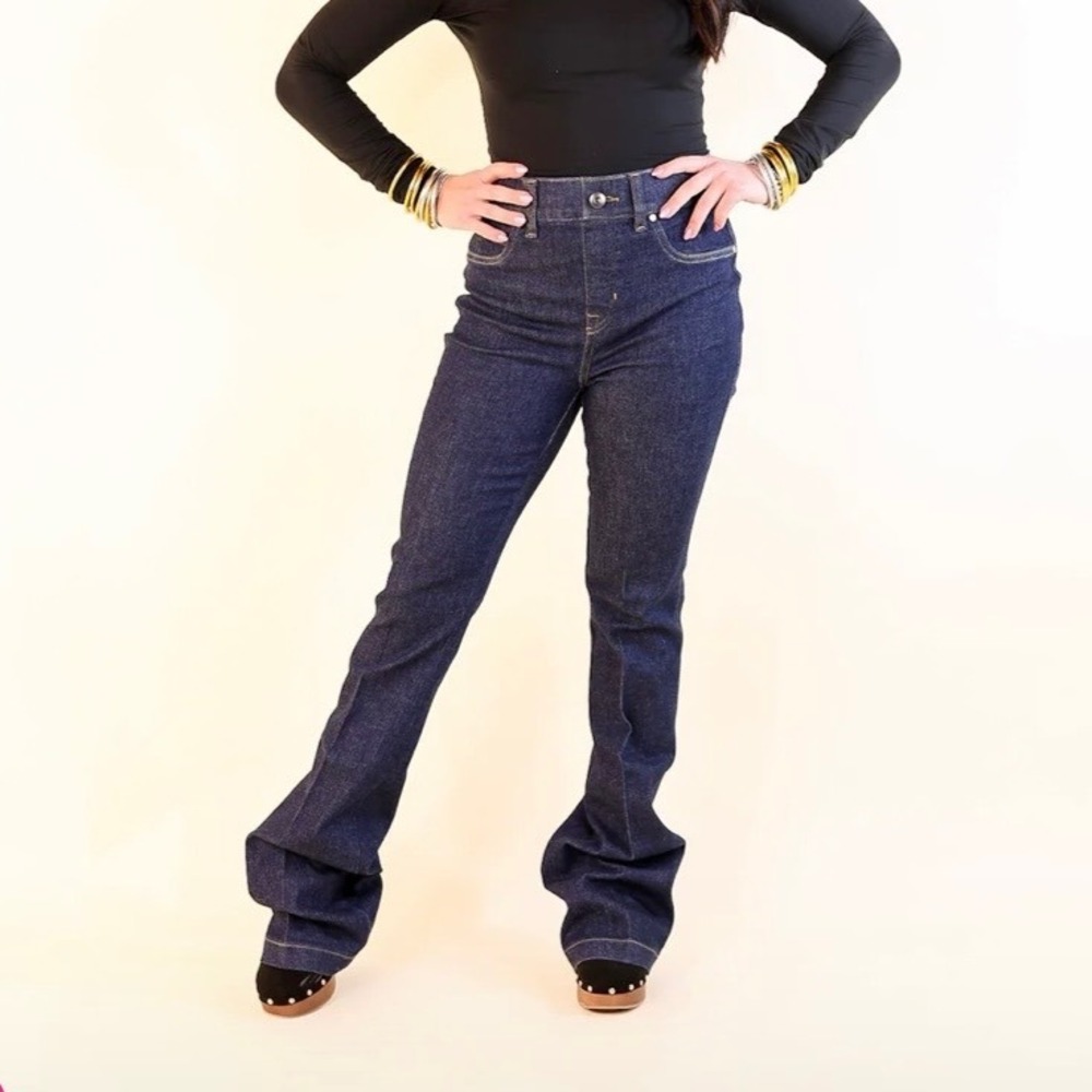 NWT SPANX Flare Stretch Pull On Dark Wash Jeans XL Raw Indigo TummyTamer Tech